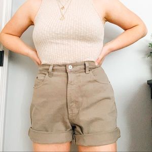 Khaki high waisted denim mom shorts